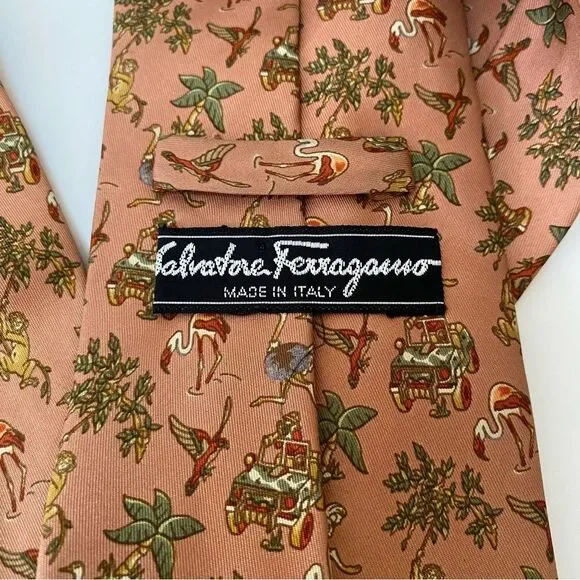 FERRAGAMO Vintage Silk Novelty Jungle Safari Monkey Ostrich Print Neck Tie Tan - Picture 7 of 8